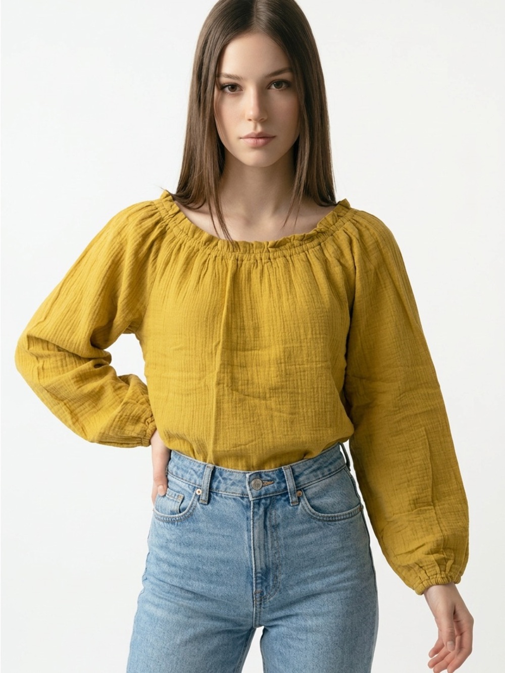 C&C California Med Mustard Yellow Crinkle Gauze 100% Cotton Elastic Neckline Top